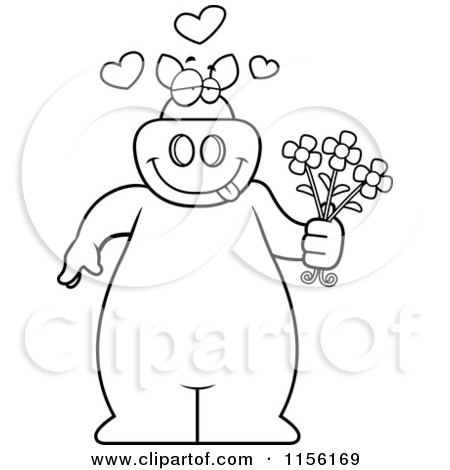 Cartoon Clipart Of A Black And White Romantic Pig Standing and Holding Flowers - Vector Outlined Coloring Page by Cory Thoman