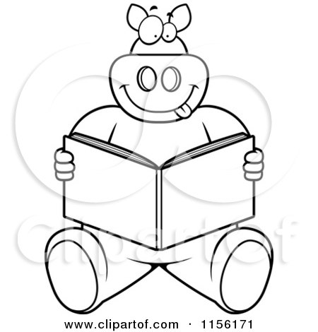 Cartoon Clipart Of A Black And White Big Pig Sitting and Reading a Book - Vector Outlined Coloring Page by Cory Thoman