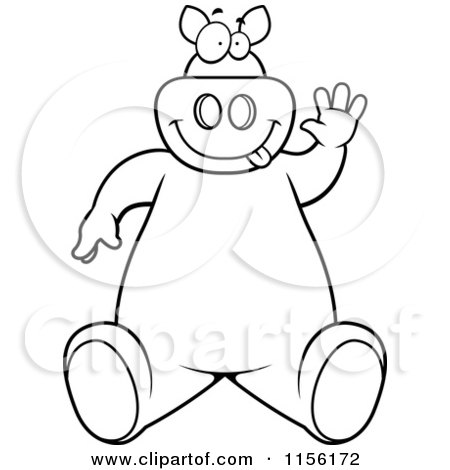 Cartoon Clipart Of A Black And White Friendly Pig Sitting and Waving - Vector Outlined Coloring Page by Cory Thoman