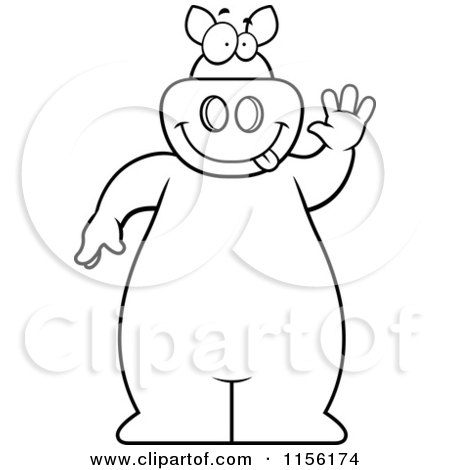 Cartoon Clipart Of A Black And White Big Pig Standing and Waving - Vector Outlined Coloring Page by Cory Thoman