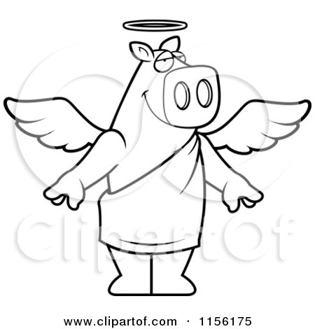 Cartoon Clipart Of A Black And White Standing Angel Pig - Vector Outlined Coloring Page by Cory Thoman