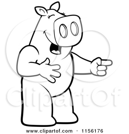 Cartoon Clipart Of A Black And White Pig Laughing and Pointing - Vector Outlined Coloring Page by Cory Thoman