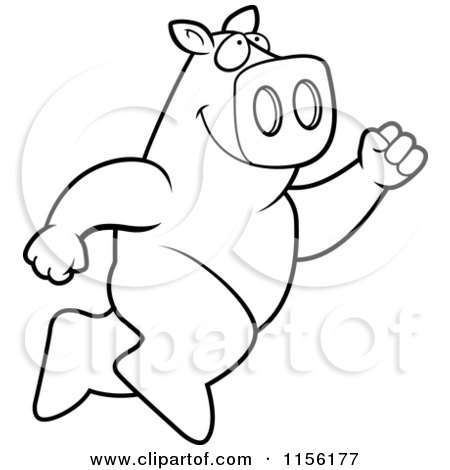 Cartoon Clipart Of A Black And White Big Pig Leaping - Vector Outlined Coloring Page by Cory Thoman