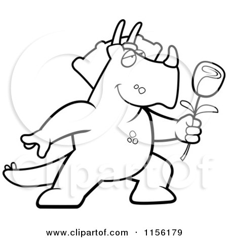 Cartoon Clipart Of A Black And White Romantic Triceratops Presenting a Single Rose - Vector Outlined Coloring Page by Cory Thoman