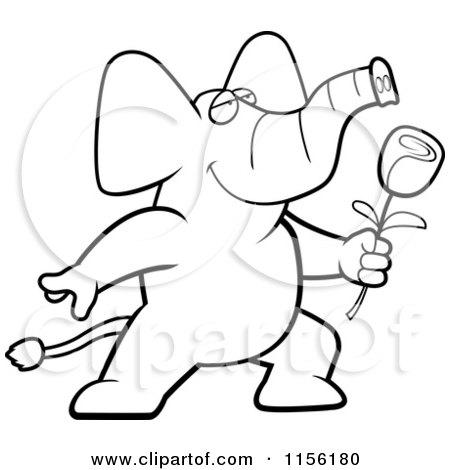 Cartoon Clipart Of A Black And White Romantic Elephant Presenting a Single Rose - Vector Outlined Coloring Page by Cory Thoman