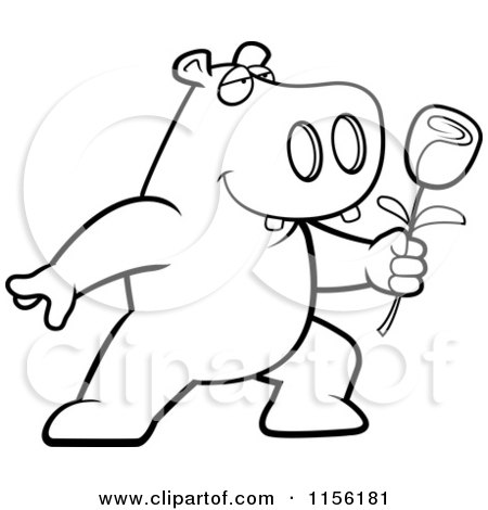 Cartoon Clipart Of A Black And White Romantic Hippo Presenting a Single Rose - Vector Outlined Coloring Page by Cory Thoman