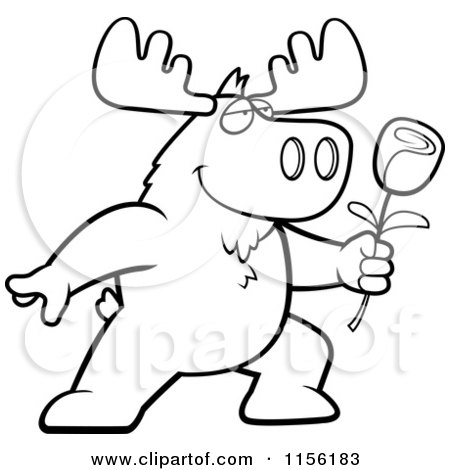 Cartoon Clipart Of A Black And White Romantic Moose Presenting a Single Rose - Vector Outlined Coloring Page by Cory Thoman
