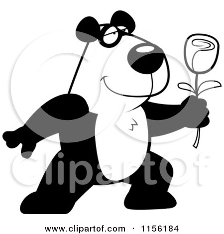 Cartoon Clipart Of A Black And White Romantic Panda Presenting a Single Rose - Vector Outlined Coloring Page by Cory Thoman