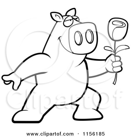 Cartoon Clipart Of A Black And White Romantic Pig Presenting a Single Rose - Vector Outlined Coloring Page by Cory Thoman