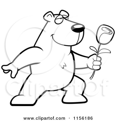 Cartoon Clipart Of A Black And White Romantic Polar Bear Presenting a Rose - Vector Outlined Coloring Page by Cory Thoman
