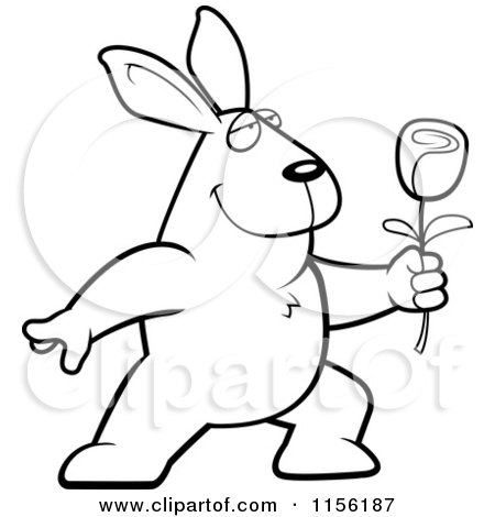 Cartoon Clipart Of A Black And White Amorous Rabbit Presenting a Single Red Rose - Vector Outlined Coloring Page by Cory Thoman