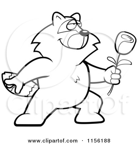 Cartoon Clipart Of A Black And White Romantic Raccoon Presenting a Single Rose - Vector Outlined Coloring Page by Cory Thoman