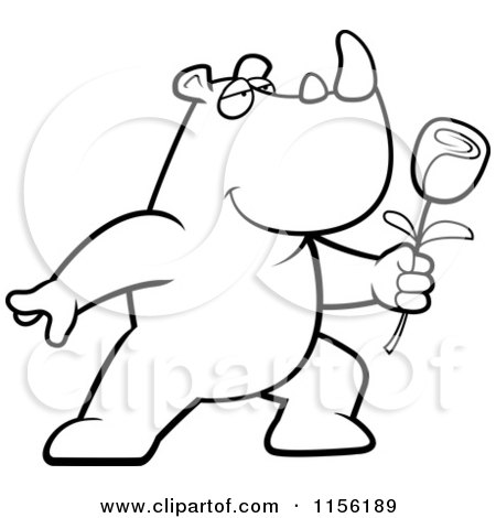 Cartoon Clipart Of A Black And White Romantic Rhino Presenting a Single Rose - Vector Outlined Coloring Page by Cory Thoman