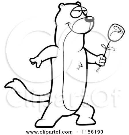 Cartoon Clipart Of A Black And White Romantic Weasel Presenting a Rose - Vector Outlined Coloring Page by Cory Thoman