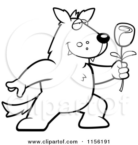 Cartoon Clipart Of A Black And White Romantic Wolf Holding out a Rose - Vector Outlined Coloring Page by Cory Thoman