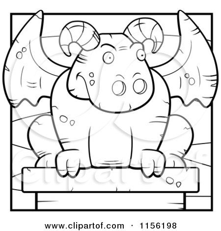 Cartoon Clipart Of A Black And White Stone Guardian Gargoyle at Night - Vector Outlined Coloring Page by Cory Thoman