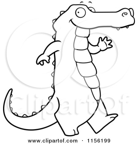 Cartoon Clipart Of A Black And White Happy Alligator Walking and Waving - Vector Outlined Coloring Page by Cory Thoman
