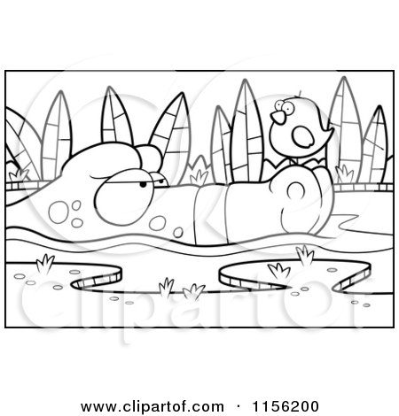 Cartoon Clipart Of A Black And White Bird on an Alligator's Nose - Vector Outlined Coloring Page by Cory Thoman