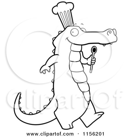 Cartoon Clipart Of A Black And White Happy Chef Alligator Walking - Vector Outlined Coloring Page by Cory Thoman