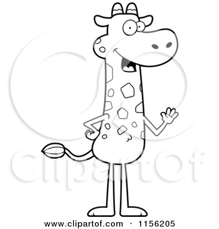 Cartoon Clipart Of A Black And White Friendly Giraffe Standing and Waving - Vector Outlined Coloring Page by Cory Thoman