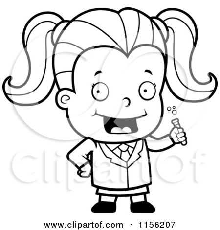 Cartoon Clipart Of A Black And White Cute Scientist Girl Holding a Test Tube - Vector Outlined Coloring Page by Cory Thoman