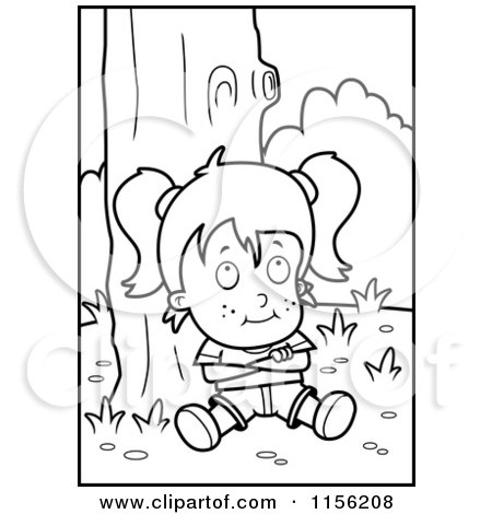 Cartoon Clipart Of A Black And White Girl Sitting Against a Tree with Her Arms Crossed - Vector Outlined Coloring Page by Cory Thoman