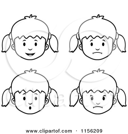 Cartoon Clipart Of Black And White Girl Faces - Vector Outlined Coloring Page by Cory Thoman