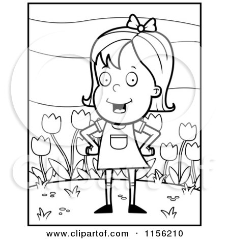 Cartoon Clipart Of A Black And White Little Girl in Front of Tulips - Vector Outlined Coloring Page by Cory Thoman