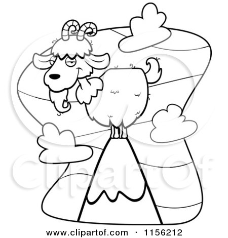 Cartoon Clipart Of A Black And White Wild Goat Atop a Mountain - Vector Outlined Coloring Page by Cory Thoman