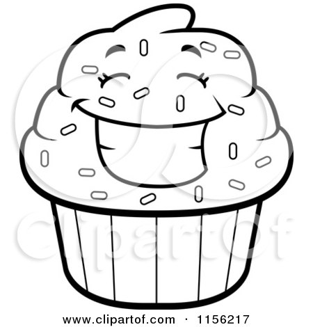 Cartoon Clipart Of A Black And White Happy Cupcake Character - Vector Outlined Coloring Page by Cory Thoman