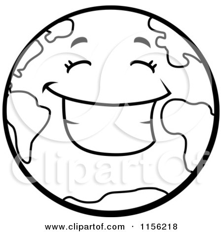 Cartoon Clipart Of A Black And White Smiling Happy Earth - Vector Outlined Coloring Page by Cory Thoman