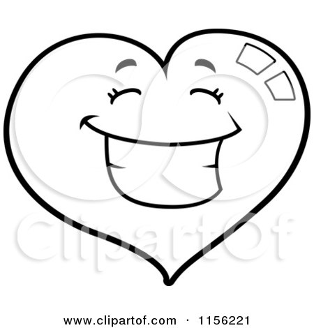 Cartoon Clipart Of A Black And White Happy Grinning Heart Face - Vector Outlined Coloring Page by Cory Thoman