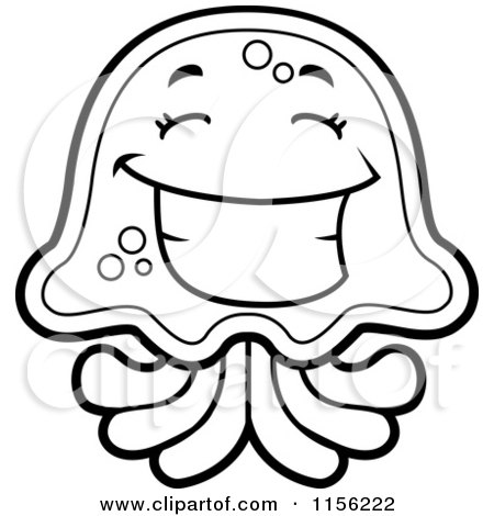 Cartoon Clipart Of A Black And White Happy Jellyfish Character - Vector Outlined Coloring Page by Cory Thoman