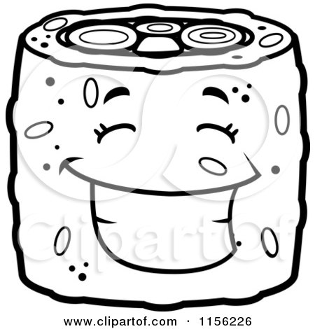 Cartoon Clipart Of A Black And White Happy Sushi Character - Vector Outlined Coloring Page by Cory Thoman