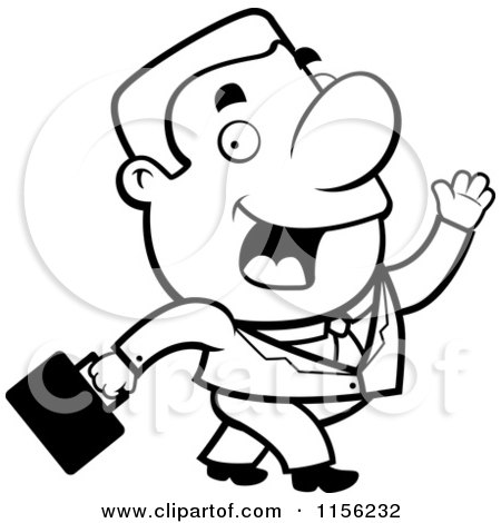 Cartoon Clipart Of A Black And White Waving Business Man Walking by - Vector Outlined Coloring Page by Cory Thoman