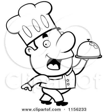 Cartoon Clipart Of A Black And White Man Chef Carrying a Serving Platter - Vector Outlined Coloring Page by Cory Thoman