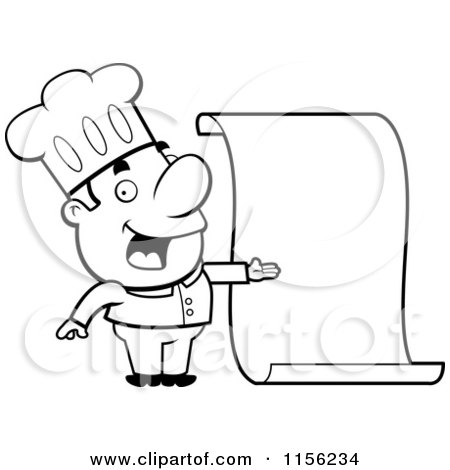 Cartoon Clipart Of A Black And White Chef Proudly Presenting a Blank Menu - Vector Outlined Coloring Page by Cory Thoman