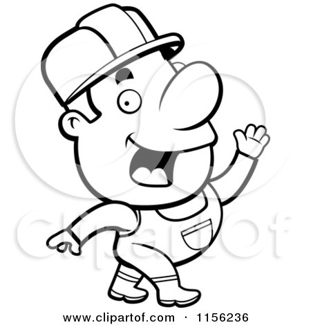 Cartoon Clipart Of A Black And White Construction Worker Waving - Vector Outlined Coloring Page by Cory Thoman