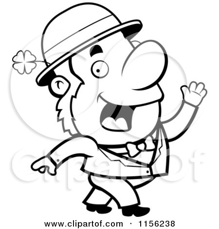 Cartoon Clipart Of A Black And White Friendly Irish Man Waving - Vector Outlined Coloring Page by Cory Thoman