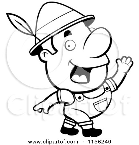Cartoon Clipart Of A Black And White Waving Oktoberfest Man with a Feather in His Hat - Vector Outlined Coloring Page by Cory Thoman
