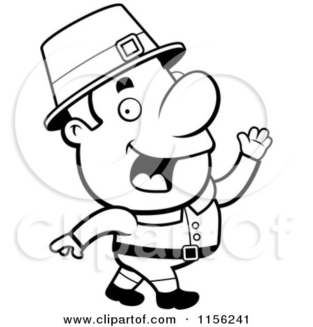 Cartoon Clipart Of A Black And White Walking Pilgrim Man - Vector Outlined Coloring Page by Cory Thoman