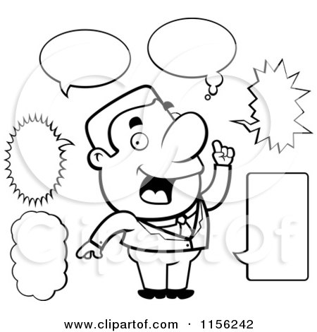 Cartoon Clipart Of A Black And White Chatty Businessman with Different Talk Balloons - Vector Outlined Coloring Page by Cory Thoman