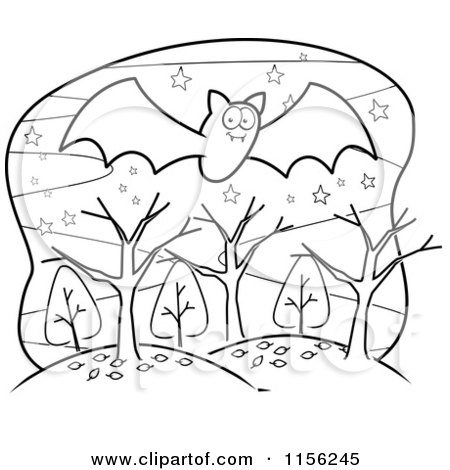 Cartoon Clipart Of A Black And White Bat Flying over Trees and Hills - Vector Outlined Coloring Page by Cory Thoman