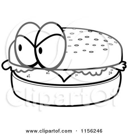 Cartoon Clipart Of A Black And White Grumpy Hamburger - Vector Outlined Coloring Page by Cory Thoman