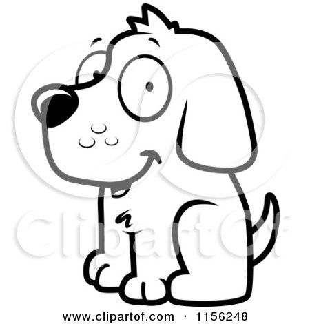 Cartoon Clipart Of A Black And White Happy Dog Sitting with a Smile on His Face - Vector Outlined Coloring Page by Cory Thoman