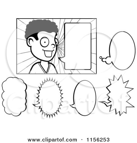 Cartoon Clipart Of A Black And White Talking Boy - Vector Outlined Coloring Page by Cory Thoman