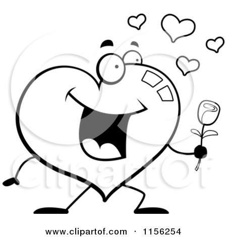 Cartoon Clipart Of A Black And White Romantic Heart Character Giving a Rose - Vector Outlined Coloring Page by Cory Thoman