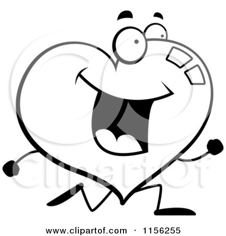 Cartoon Clipart Of A Black And White Happy Running Heart - Vector Outlined Coloring Page by Cory Thoman