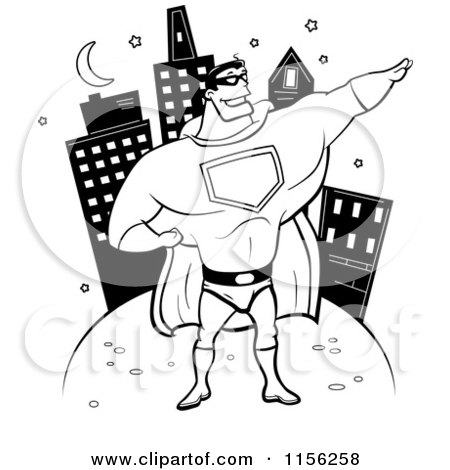 Cartoon Clipart Of A Black And White Super Hero Posing near a City - Vector Outlined Coloring Page by Cory Thoman