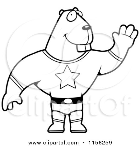 Cartoon Clipart Of A Black And White Waving Super Beaver - Vector Outlined Coloring Page by Cory Thoman